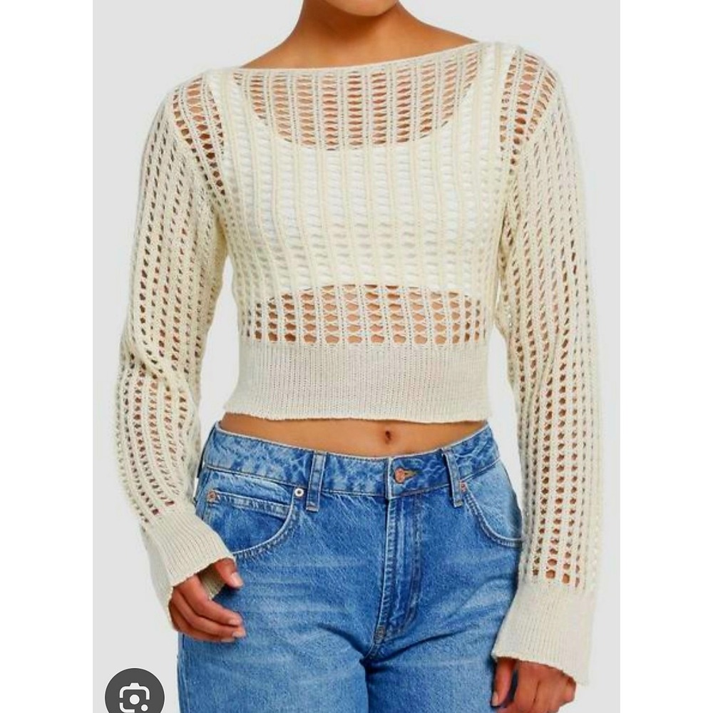 Y2K Grunge festival Hot Topic Open Knit‎ Cropped long Sleeve Cream Sweater XL